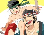  2boys :d ^_^ areolae bara blush carrying_over_shoulder character_request chest_hair closed_eyes hachimaki headband long_sideburns male_focus mature_male midriff_sarashi multiple_boys muscular muscular_male nejiri_hachimaki nunutarou pectoral_cleavage pectorals sarashi short_hair sideburns size_difference smile tajikarao_(housamo) thick_eyebrows tokyo_afterschool_summoners topless_male tusks 