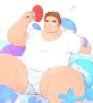  1boy 3c_pan absurdres alternate_pectoral_size bara belly blue_male_underwear blush boxers brown_hair bulge casual facial_hair feet_out_of_frame gunzo_(housamo) hand_fan highres holding holding_fan hot large_pectorals long_sideburns lying male_focus male_underwear muscular muscular_male no_pants on_back pectorals plump print_male_underwear scar scar_on_cheek scar_on_face shirt short_hair sideburns solo spiked_hair spirit striped stubble sweatdrop thick_eyebrows thick_thighs thighs tokyo_afterschool_summoners underwear white_shirt 