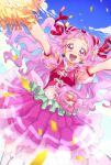  1girl :d back_bow bow cheerleader cloud clover_earrings confetti cure_yell double_bun flower hair_bow hair_cones hair_flower hair_ornament hair_ribbon highres hugtto!_precure large_bow layered_skirt long_hair looking_at_viewer magical_girl navel nono_hana okimochi open_mouth outstretched_arms pink_bow pink_eyes pink_hair pink_shirt pink_skirt pom_pom_(cheerleading) pouch precure puffy_sleeves red_bow red_ribbon ribbon shirt skirt sky smile solo spread_arms thick_eyelashes thighhighs white_legwear zettai_ryouiki 