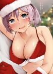  1girl aoba_(kancolle) arm_up armpits bangs bare_shoulders bikini blurry blurry_background blush breasts christmas cleavage collarbone depth_of_field dutch_angle elbow_gloves embarrassed eyebrows_visible_through_hair fur-trimmed_bikini fur-trimmed_gloves fur-trimmed_headwear fur_trim gloves hat kantai_collection large_breasts looking_at_viewer lying on_side purple_eyes purple_hair red_bikini red_gloves santa_bikini santa_hat sawamura_aoi short_hair short_ponytail solo steaming_body sweat swimsuit tearing_up tears translation_request upper_body 