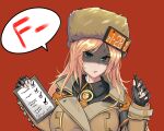  1girl armband bangs black_gloves blonde_hair blue_eyes breasts brown_coat brown_headwear clipboard coat fingerless_gloves gloves guilty_gear guilty_gear_strive hat highres holding holding_clipboard holding_pen large_breasts long_hair long_sleeves looking_at_viewer millia_rage parted_lips pen red_background shaded_face simple_background solo speech_bubble swept_bangs zet_(twt_zet) 