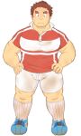  1boy 3c_pan bara blush brown_hair bulge dirty dirty_clothes facial_hair full_body gunzo_(housamo) hands_on_hips highres large_pectorals long_sideburns male_focus muscular muscular_male pectorals plump red_shirt rugby_uniform scar scar_on_arm scar_on_cheek scar_on_face shirt shoes short_hair shorts sideburns sneakers socks solo spiked_hair sportswear stubble thick_eyebrows thick_thighs thighs tight tight_shirt tokyo_afterschool_summoners transparent_background white_shorts 