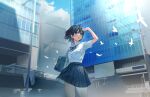  1girl ay6as bag bangs bird black_hair blue_eyes blush building city cloud collared_shirt day handbag looking_away looking_up open_mouth original scenery school_uniform shading_eyes shirt short_hair skirt sky skyscraper solo standing thighs uniform 