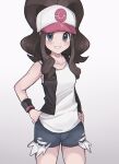  1girl baseball_cap black_vest blush brown_hair collarbone cowboy_shot denim denim_shorts exposed_pocket eyelashes grey_eyes grey_shorts hat high_ponytail highres hilda_(pokemon) koniko_(525lj) long_hair looking_at_viewer pokemon pokemon_(game) pokemon_bw shirt short_shorts shorts sidelocks sleeveless sleeveless_shirt smile solo vest white_shirt wristband 