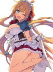  ahoge arched_back ass bangs bare_legs barefoot blonde_hair blue_eyes blue_sleeves blurry blurry_background blurry_foreground braid breasts cleavage_cutout clothes_lift clothing_cutout depth_of_field foot_up frilled_skirt frills gloves hair_ribbon head_tilt highres large_breasts legs long_hair looking_at_viewer looking_back miniskirt one_eye_closed ootomo_takuji open_mouth pecorine_(princess_connect!) pleated_skirt princess_connect! puffy_short_sleeves puffy_sleeves red_ribbon ribbon shadow shiny shiny_hair shiny_skin short_sleeves shrug_(clothing) side_braid sidelocks signature simple_background skirt skirt_lift symbol-only_commentary thighs tiara very_long_hair white_background white_gloves 