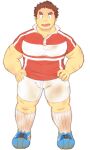  1boy 3c_pan bara blush brown_hair bulge dirty dirty_clothes facial_hair full_body gunzo_(housamo) hands_on_hips highres large_pectorals long_sideburns male_focus muscular muscular_male open_mouth pectorals plump red_shirt rugby_uniform scar scar_on_arm scar_on_cheek scar_on_face shirt shoes short_hair shorts sideburns sneakers socks solo spiked_hair sportswear stubble sweatdrop thick_eyebrows thick_thighs thighs tight tight_shirt tokyo_afterschool_summoners transparent_background white_shorts wide-eyed 