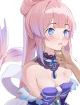  1girl amco bangs bare_shoulders blue_eyes blunt_bangs blush breasts cleavage detached_collar eyelashes frills genshin_impact hand_on_another&#039;s_chin imminent_kiss long_hair looking_to_the_side medium_breasts multicolored_hair off_shoulder open_mouth pink_hair ponytail purple_hair sangonomiya_kokomi simple_background solo two-tone_hair upper_body vision_(genshin_impact) water_drop white_background wide-eyed 