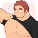  1boy 3c_pan alternate_pectoral_size bara bare_pectorals black_shirt blush brown_hair clothes_lift facial_hair flying_sweatdrops gunzo_(housamo) large_pectorals lifted_by_self long_sideburns male_focus muscular muscular_male nipples pectoral_focus pectorals scar scar_on_cheek scar_on_face shirt shirt_lift short_hair sideburns solo spiked_hair stubble sweatdrop thick_eyebrows tokyo_afterschool_summoners underpec unfinished upper_body 