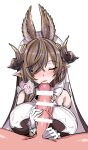  1boy 1girl absurdres animal_ears bangs bare_shoulders blush breasts brown_hair closed_eyes clothed_female_nude_male galleon_(granblue_fantasy) gloves granblue_fantasy harigane_shinshi highres horns kissing_penis large_breasts multicolored_hair nude penis pointy_ears solo_focus streaked_hair veins veiny_penis white_gloves 