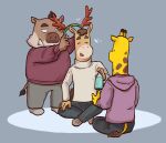  2021 anthro atsuya_baba_(odd_taxi) bottomwear brown_body christmas clothing equid equine eyes_closed giraffe giraffid group hi_res holidays hoodie horse kensuke_shibagaki_(odd_taxi) male mammal odd_taxi pants satoshi_nagashima_(odd_taxi) saturn_ribbon sitting suid suina sus_(pig) sweater topwear wild_boar yellow_body 