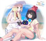  2girls :d anniversary arm_support bangs bare_arms beanie black_hair blonde_hair blue_footwear blunt_bangs braid collared_dress commentary_request copyright_name cosmog dress floral_print green_eyes green_shorts hat highres holding holding_pokemon kneehighs lillie_(pokemon) long_hair medium_hair mizuumi_(bb) multiple_girls open_mouth pokemon pokemon_(creature) pokemon_(game) pokemon_sm red_headwear selene_(pokemon) shiny shiny_skin shirt shoes short_sleeves shorts sitting sleeveless sleeveless_dress smile sun_hat sundress teeth tongue twin_braids upper_teeth white_dress white_headwear white_legwear yellow_shirt 