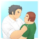  2boys 3c_pan ^_^ bara blush brown_hair casual closed_eyes facial_hair facing_another from_side green_shirt grey_hair gunzo_(housamo) hands_on_another&#039;s_shoulders highres large_pectorals long_sideburns looking_at_another male_focus master_3_(housamo) multiple_boys muscular muscular_male pectorals scar scar_on_cheek scar_on_face shirt short_hair sideburns sleeves_rolled_up spiked_hair stubble sweatdrop thick_eyebrows tokyo_afterschool_summoners yaoi 