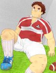  1boy 3c_pan :o alternate_hairstyle ball bara belly blush brown_hair bulge dirty dirty_clothes erection erection_under_clothes facial_hair foot_out_of_frame grass gunzo_(housamo) highres long_sideburns male_focus messy_hair muscular muscular_male pectoral_cleavage pectorals plump red_shirt rugby_ball rugby_uniform scar scar_on_cheek scar_on_face shirt short_hair shorts sideburns sitting solo spiked_hair sportswear spread_legs stubble thick_eyebrows thick_thighs thighs tokyo_afterschool_summoners white_shorts 