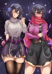  2girls absurdres belt black_legwear black_skirt blush breasts closed_mouth eyebrows_visible_through_hair fire_emblem fire_emblem_heroes grey_sweater heart highres large_breasts looking_at_viewer looking_away morgan_(fire_emblem) morgan_(fire_emblem)_(female) multiple_girls one_eye_closed purple_eyes purple_hair red_eyes red_scarf ribbed_sweater scarf shiny shiny_skin short_hair skirt smile sweater thighhighs turtleneck turtleneck_sweater v zet_(twt_zet) 