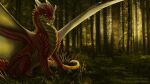  amber_(hellriderer) anoroth claws dragon feral forest forest_background herm hi_res horn intersex nature nature_background plant red_body red_scales scales sitting smile solo spread_wings teeth tree warm_colors wings 