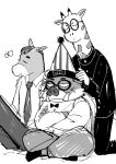  2021 anthro atsuya_baba_(odd_taxi) bottomwear bow_tie clothing doraenm equid equine eyes_closed eyewear giraffe giraffid glasses group hi_res horse humanoid_hands kensuke_shibagaki_(odd_taxi) male mammal necktie odd_taxi pants satoshi_nagashima_(odd_taxi) shirt sitting suid suina sus_(pig) topwear wild_boar 