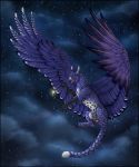  2019 ambiguous_gender avian beak black_beak claws feathered_wings feathers feral flying fur gryphon night orange_eyes outside purple_feathers purple_fur sidonie sky solo star starry_sky wings 