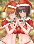  2girls bangs bell bikini blurry blurry_background blush bow bowtie breasts brown_eyes brown_hair capelet christmas cleavage closed_mouth commentary eyebrows_visible_through_hair fur-trimmed_capelet fur_trim girls_und_panzer green_bow green_bowtie halterneck hand_on_another&#039;s_waist hat highres holding_hands interlocked_fingers looking_at_viewer mamaa_(maeni6379) medium_breasts multiple_girls navel neck_bell nishizumi_maho nishizumi_miho red_bikini red_capelet red_headwear santa_bikini santa_hat short_hair siblings side-by-side sisters smile sparkle standing swimsuit 