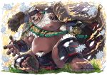  1boy ainu_clothes animal_ears bara bear_boy bear_ears brown_fur bulge chest_hair facepaint furry furry_male gloves grass green_eyes headband kimun_kamui large_pectorals legband looking_at_viewer muscular muscular_male navel nipples official_art okusu_(oaks16) pectorals pelt pelvic_curtain red_pupils scar scar_on_face scar_on_mouth short_hair snowflakes stomach sword thick_thighs thighs tokyo_afterschool_summoners underpec weapon white_hair 
