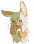  5_fingers ambiguous_gender anthro brown_body brown_fur fingers fur hair kawasemi27 lagomorph leporid long_hair looking_away made_in_abyss mammal nanachi narehate rabbit simple_background solo text touching_hair white_background white_body white_fur white_hair 