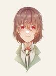  1boy akechi_gorou artist_name brown_hair buttons closed_mouth green_shirt hair_between_eyes highres light_brown_background looking_at_viewer meowpie messy_hair necktie persona persona_5 portrait red_eyes shirt short_hair smile solo striped_necktie white_colar 