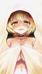 1girl bangs bed_sheet black_choker blonde_hair blush breasts choker collarbone commentary_request eyebrows_visible_through_hair fang glowing hair_ornament hairclip hololive large_breasts looking_at_viewer naked_sheet navel parted_lips red_eyes short_hair smile solo unname upper_body virtual_youtuber yellow_eyes yozora_mel 