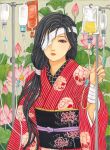  1girl bandages black_eyes black_hair eyepatch floral_print flower hand_up holding intravenous_drip japanese_clothes kimono lips long_hair lotus low-tied_long_hair nadeshiko_rin original parted_lips plant solo traditional_media 