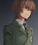  1boy akechi_gorou artist_name brown_eyes collar evil_grin evil_smile gradient gradient_background grey_background grin hair_between_eyes looking_to_the_side male_focus meowpie messy_hair military military_uniform necktie persona persona_5 red_eyes shaded_face short_hair simple_background smile solo standing striped_necktie uniform upper_body white_collar 