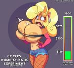  absurd_res activision areola big_breasts blonde_hair breast_expansion breasts choker clothing coco_bandicoot crash_bandicoot_(series) dongitos expansion eyelashes fangs female fishnet food fruit gloves hair handwear hi_res huge_breasts jewelry long_hair necklace plant ponytail shocked tongue tongue_out video_games wumpa_fruit 