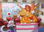  &lt;3 anthro big_breasts blush breasts cake cake_sitting dessert domestic_cat duo felid feline felis female food food_fetish food_play goo_creature happy_birthday humanoid male mammal mastergodai navel open_mouth pop_out_cake shaze size_difference smile speech_bubble text 