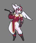  2021 5_fingers anthro avian beak bird conditional_dnp digital_media_(artwork) fingers hair hi_res holding_object holding_sword holding_weapon male melee_weapon pockatiel qualzar red_eyes simple_background solo sword weapon 