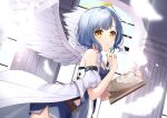  1girl angel angel_wings ass bare_shoulders blue_hair blush bon_(bonbon315) book breasts cleavage cloud collar day feathers finger_to_mouth from_side halo holding indoors jewelry looking_at_viewer nail_polish navel original pen ring short_hair short_shorts shorts sky small_breasts solo standing thighs wings yellow_eyes 