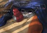  absurd_res anthro bed canid canine dialogue disney duo female fox furniture genitals hand_on_penis hi_res judy_hopps lagomorph leporid lettuceoncat male male/female mammal naughty_face nick_wilde on_bed penis penis_on_face rabbit text under_covers zootopia 
