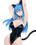  1girl absurdres animal_ears arms_up bangs bare_shoulders bell black_collar black_leotard blue_hair breasts cat_ears cat_tail cleavage collar cowboy_shot dongho_kang groin highres large_breasts leotard long_hair looking_at_viewer neck_bell orange_eyes original shiny shiny_clothes smile solo strapless strapless_leotard tail 