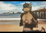  2021 5_fingers anthro beach black_body black_fur black_nose canid canine canis clothed clothing day detailed_background digital_media_(artwork) eyebrows eyelashes fingers fur hi_res male mammal outside sand seaside shirtless shoreline sky solo suzamuri tan_body tan_fur teeth water wolf yellow_eyes 