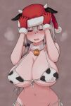  1girl animal_ears animal_print arms_up bangs bell bikini blush breasts christmas commentary cow_ears cow_horns cow_print front-tie_bikini front-tie_top fur-trimmed_gloves fur-trimmed_headwear fur_trim gloves hair_between_eyes half-closed_eyes hat highres horns huge_breasts long_hair navel neck_bell open_mouth santa_hat side-tie_bikini simple_background solo swimsuit underboob uzaki-chan_wa_asobitai! uzaki_tsuki yuuki_shin&#039;ichi 