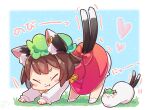  1girl :3 all_fours animal_ear_fluff animal_ears bangs blob bloomers blush blush_stickers bobby_socks bow bowtie brown_hair cat_ears cat_tail chen chinese_clothes closed_eyes closed_mouth commentary_request earrings fang fang_out grass green_headwear hands_on_ground hat heart ibaraki_natou jewelry long_sleeves mochen multiple_tails nekomata no_shoes one_eye_closed pillow_hat puffy_sleeves red_eyes ribbon shoes short_hair single_earring skirt skirt_set socks solo stretch tail touhou underwear white_bow white_legwear yellow_ribbon 