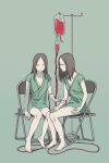  2girls bangs bare_legs barefoot breasts chair cleavage colored_skin expressionless folding_chair from_side grey_eyes grey_hair hospital_gown intravenous_drip looking_at_another medium_hair multiple_girls no_eyebrows original parted_bangs profile shokugyo sitting white_skin 