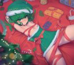  1girl absurdres alternate_costume bangs blush christmas christmas_ornaments christmas_tree curly_hair daniel_deves envelope eyebrows_visible_through_hair flipped_hair fur_trim gift green_eyes green_hair green_santa_costume hat highres looking_at_viewer one-punch_man panties red_ribbon ribbon santa_costume santa_hat short_hair solo striped striped_panties tatsumaki underwear 