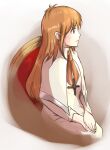  1girl chair closed_mouth cross cross_necklace dress highres jewelry long_hair necklace orange_hair orange_ribbon own_hands_together purple_eyes ribbon simple_background sitting solo sophia_(xenogears) wakita white_dress xenogears 