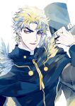  1boy absurdres blonde_hair cape dio_brando fur-trimmed_cape fur_trim hat hat_removed headwear_removed highres holding holding_clothes holding_hat jojo_no_kimyou_na_bouken nigelungdayo phantom_blood red_eyes solo top_hat 