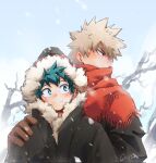 2boys artist_name bakugou_katsuki bare_tree blonde_hair blush boku_no_hero_academia chrispplus freckles fringe_trim fur-trimmed_jacket fur_trim gloves green_eyes green_hair hand_on_another&#039;s_shoulder highres jacket looking_at_another looking_away male_focus midoriya_izuku multiple_boys red_eyes red_scarf scarf scarf_over_mouth snowing spiked_hair tree winter_clothes yaoi 
