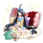  1girl :o absurdly_long_hair ahoge bangs bare_shoulders black_hair black_ribbon blanket blue_bow blue_eyes blue_legwear blue_ribbon blush bow camisole cardigan choker crescent frilled_pillow frills fur_trim hair_bow hairband highres hk_(wgyz7222) holding holding_toy huge_ahoge jewelry long_hair long_sleeves looking_at_viewer loose_socks low-tied_long_hair no_shoes off_shoulder pajamas panilla_the_revival pendant pendant_choker pillow plaid plaid_pillow pointy_ears polka_dot polka_dot_camisole pom_pom_(clothes) ribbon rug sidelocks simple_background sitting slippers slippers_removed solo sparkle star_(symbol) strap_slip striped striped_legwear stuffed_animal stuffed_bunny stuffed_toy stuffed_unicorn teddy_bear thigh_strap toy very_long_hair wariza white_background yellow_cardigan yellow_footwear 