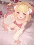  1girl absurdres ahoge all_fours animal_ear_fluff animal_ears areolae bangs blonde_hair blunt_bangs blush breasts cat_ears cat_girl censored closed_eyes commentary_request condom condom_box condom_wrapper hair_bobbles hair_ornament heart heart_ahoge heart_censor highres kemomimi_refle! kuyukian3 large_breasts looking_at_viewer nekoma_karin off_shoulder parted_lips ribbon short_hair solo tail tail_ornament tail_ribbon virtual_youtuber wing_hair_ornament 