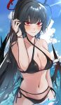  1girl bangs bikini black_bikini black_hair blue_archive blue_sky blush breasts cleavage closed_mouth cloud cloudy_sky hailiu halo highres long_hair looking_at_viewer navel ocean outdoors ponytail red_eyes sky smile solo swimsuit tsurugi_(blue_archive) water wings 