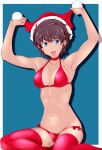  1girl :d adjusting_clothes adjusting_headwear arms_up bangs bikini blue_background blue_eyes border breasts brown_hair choker christmas commentary_request dark-skinned_female dark_skin eyebrows_visible_through_hair girls_und_panzer groin halterneck hat looking_at_viewer medium_breasts navel open_mouth outside_border red_bikini red_choker red_headwear red_legwear revision santa_bikini santa_hat shadow short_hair side-tie_bikini sitting smile solo suzuki_(girls_und_panzer) swimsuit tanaka_rikimaru thighhighs white_border yokozuwari 