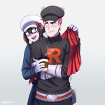  1boy 1girl blush commission crossed_arms cup disposable_cup english_commentary gabdlc glasses gloves hat highres poke_ball_symbol pokemon pokemon_(game) pokemon_go pokestop steam team_rocket team_rocket_grunt team_rocket_uniform white_gloves 