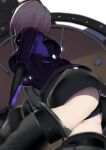  1girl armor armored_leotard ashino_moto ass bangs black_armor black_legwear black_leotard breasts fate/grand_order fate_(series) head-mounted_display highres holding holding_shield large_breasts leotard light_purple_hair mash_kyrielight ortenaus shield short_hair thighhighs 