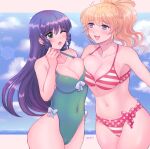  2girls asymmetrical_docking bikini black_hair blonde_hair blue_eyes breast_press breasts casual_one-piece_swimsuit choujikuu_yousai_macross cleavage commentary_request commission drill_hair excellen_browning green_eyes green_swimsuit highres jinno_shigure large_breasts long_hair lynn_minmay macross macross:_do_you_remember_love? multiple_girls one-piece_swimsuit one_eye_closed polka_dot ponytail skeb_commission striped striped_bikini super_robot_wars swimsuit 