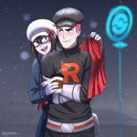  1boy 1girl blush commission crossed_arms cup disposable_cup english_commentary gabdlc glasses gloves hat highres poke_ball_symbol pokemon pokemon_(game) pokemon_go pokestop steam team_rocket team_rocket_grunt team_rocket_uniform white_gloves 